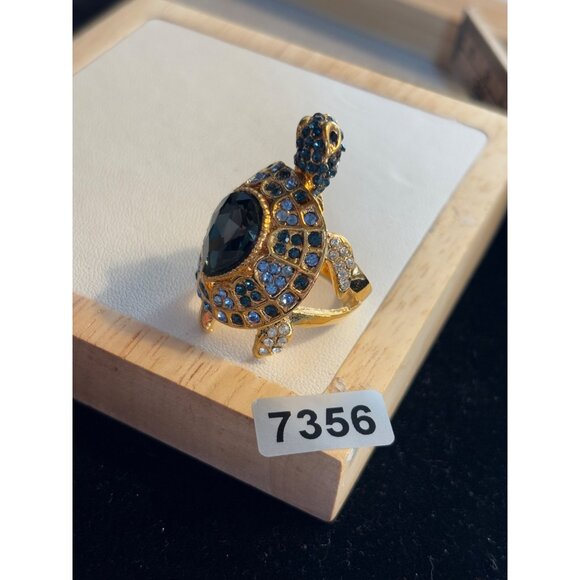 Gold Turtle Ring With Blue & Clear Crystals Adjustable Size 7 Fashion Jewelry Ac - Picture 13 of 16